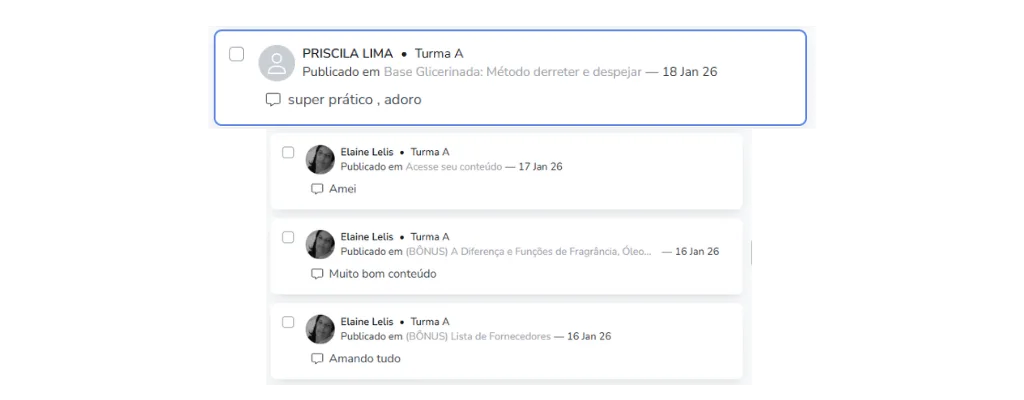 Print da plataforma de cursos mostrando comentarios de alunas: super prático adoro, amei, muito bom conteudo, amando tudo