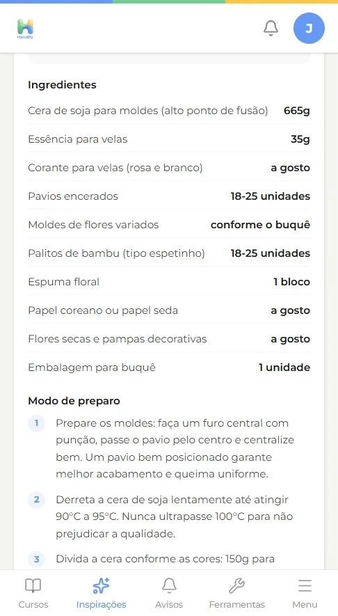 Receita de Inspirações no celular: lista de ingredientes com gramatura e modo de preparo numerado com as temperaturas de cada etapa.